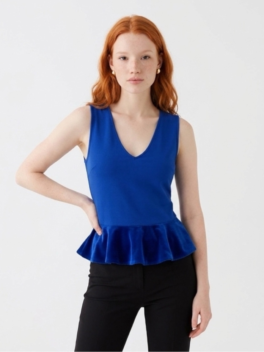 J.Crew Blue Sleevless V-Neck Top with Velvet Ruffle Hem